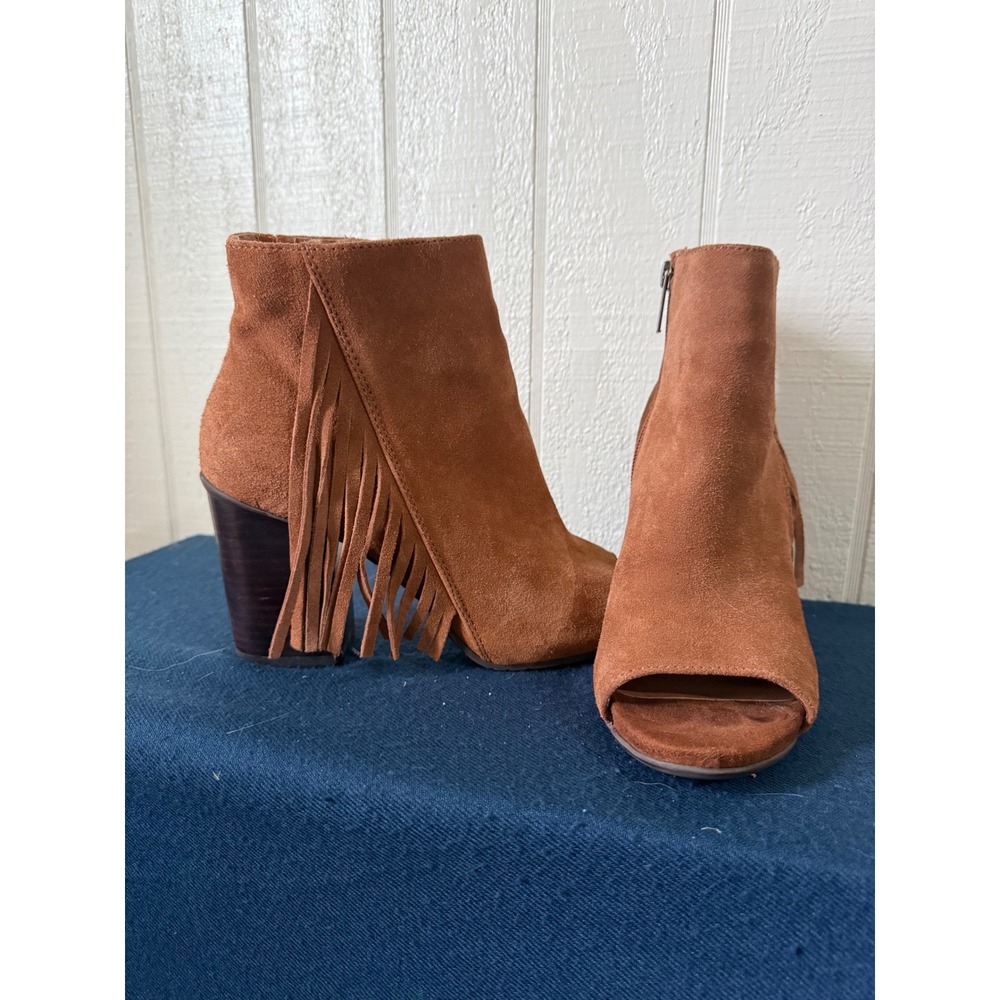 Kenneth Cole Reaction Frida World Brown Suede Fringe Peep Toe Ankle Boots 7M